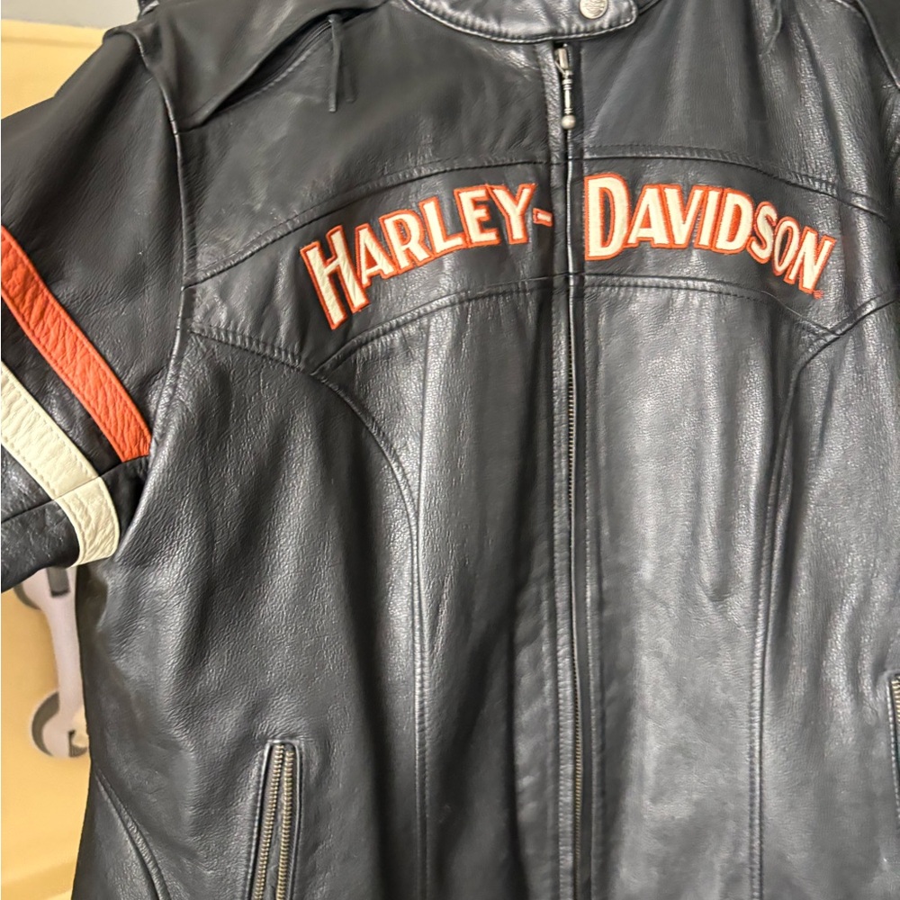 Harley-Davidson Black Leather Riding Vest with Orange and White Trim
